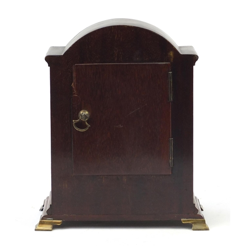 406 - Inlaid mahogany mantle clock with enamel dial and Roman numerals, 23cm high