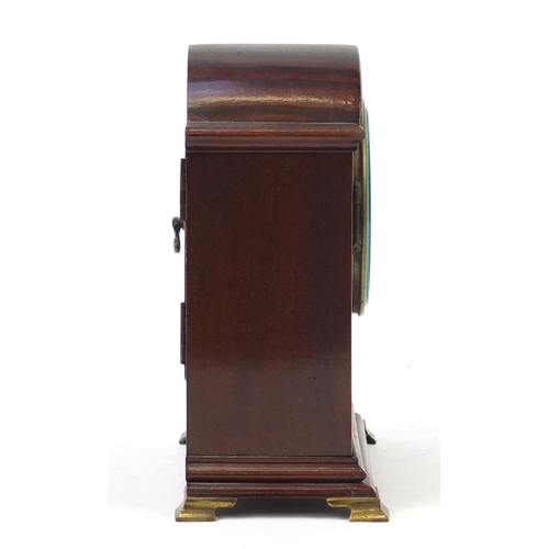 406 - Inlaid mahogany mantle clock with enamel dial and Roman numerals, 23cm high