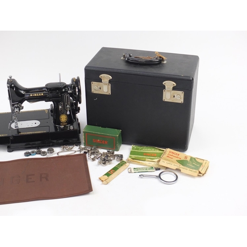 256 - Vintage Singer black enamel sewing machine model 222K with case