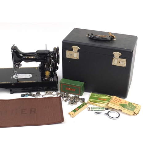 256 - Vintage Singer black enamel sewing machine model 222K with case