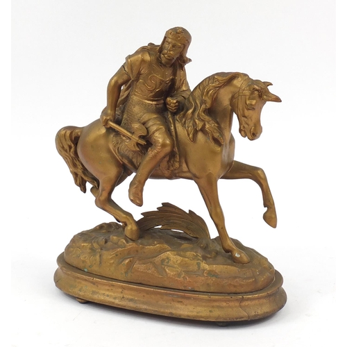 1988 - Gilt spelter figure of a knight on horseback, 34cm high