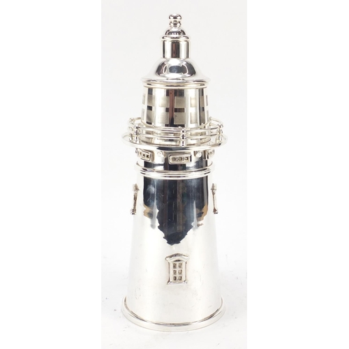 82 - Art Deco design silver plated cocktail shaker in the form of a lighthouse, 34.5cm high