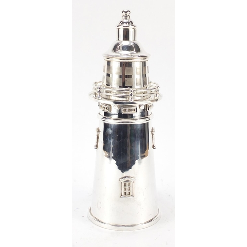 82 - Art Deco design silver plated cocktail shaker in the form of a lighthouse, 34.5cm high