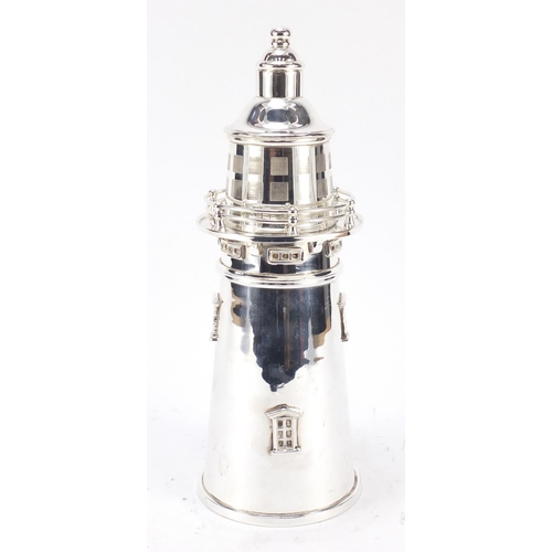 82 - Art Deco design silver plated cocktail shaker in the form of a lighthouse, 34.5cm high