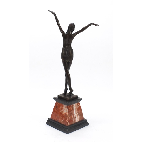 194 - Large patinated bronze figure of a scantily dressed Art Deco female raised on a tapering marble base... 