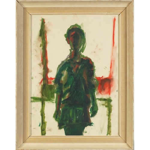 465 - Abstract composition, girl in green, mixed media, mounted, framed and glazed, 39.5cm x 29cm excludin... 