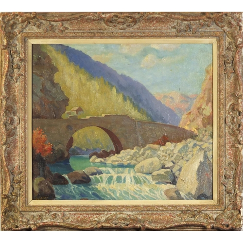119 - C Carey - Highland bridge before mountains, oil on canvas, mounted and framed, 49cm x 42cm excluding... 