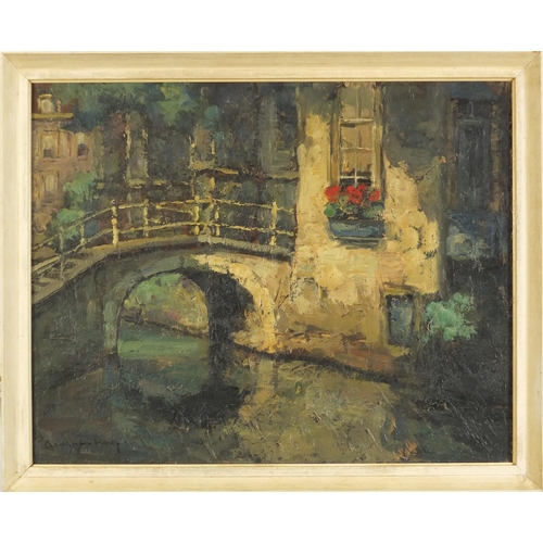 1172 - Canal scenes, pair of Dutch school oil on canvasses, each bearing indistinct signatures, framed, 48.... 
