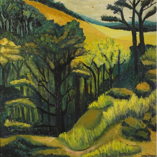 252 - Lorna Green - Landscape with trees, oil on board, mounted and framed, 73.5cm x 73.5cm excluding the ... 