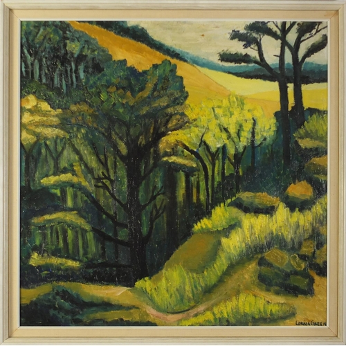 252 - Lorna Green - Landscape with trees, oil on board, mounted and framed, 73.5cm x 73.5cm excluding the ... 