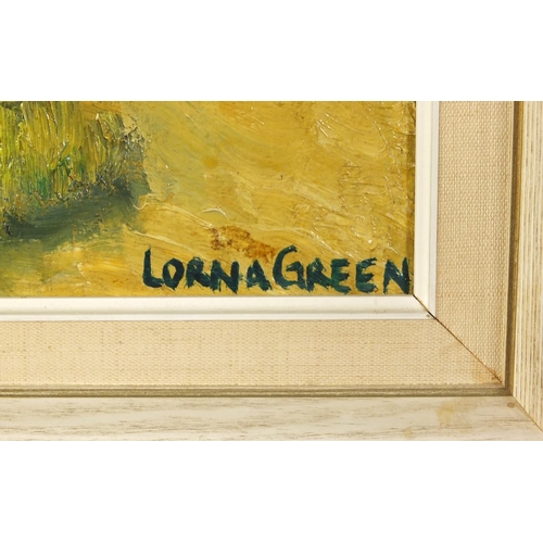 252 - Lorna Green - Landscape with trees, oil on board, mounted and framed, 73.5cm x 73.5cm excluding the ... 