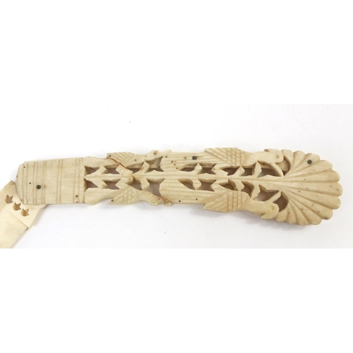 415 - Scrimshaw style bone folding knife, carved with birds in a bush, 20cm in length