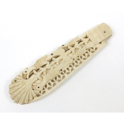 415 - Scrimshaw style bone folding knife, carved with birds in a bush, 20cm in length