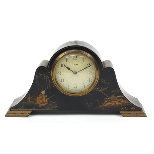 300 - Chinoiserie lacquered eight day mantle clock gilded with figures, 30cm in length