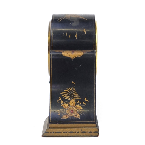 300 - Chinoiserie lacquered eight day mantle clock gilded with figures, 30cm in length