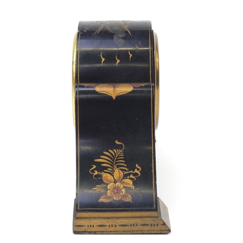 300 - Chinoiserie lacquered eight day mantle clock gilded with figures, 30cm in length