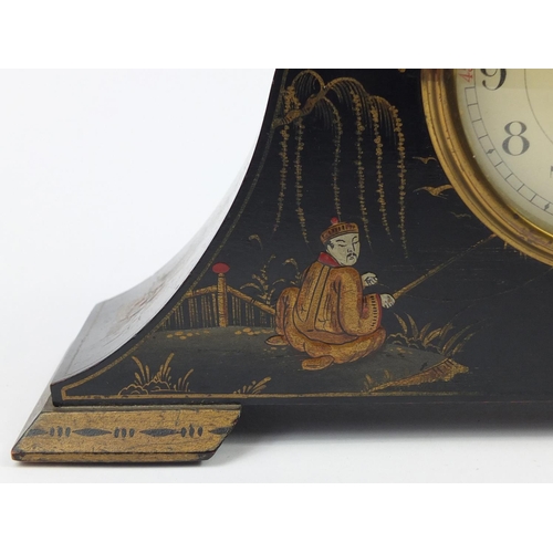 300 - Chinoiserie lacquered eight day mantle clock gilded with figures, 30cm in length