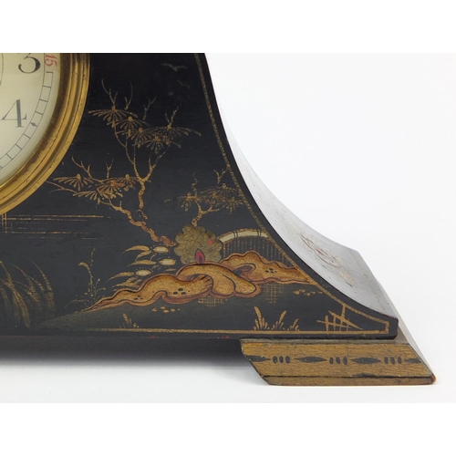 300 - Chinoiserie lacquered eight day mantle clock gilded with figures, 30cm in length