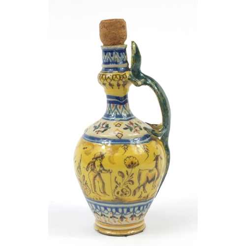 345 - 19th century maiolica ewer hand painted with animals and figures, 25cm high