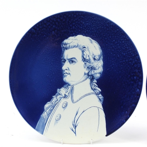 341 - Pair of Villeroy & Boch pottery wall chargers hand painted with Mozart and Goethe, 35cm wide