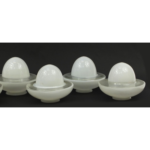 185 - Set of six Art Deco opaque and clear glass light pendants with fittings, each 25cm in diameter