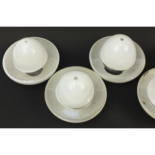 185 - Set of six Art Deco opaque and clear glass light pendants with fittings, each 25cm in diameter