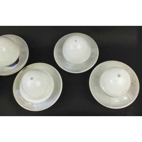 185 - Set of six Art Deco opaque and clear glass light pendants with fittings, each 25cm in diameter