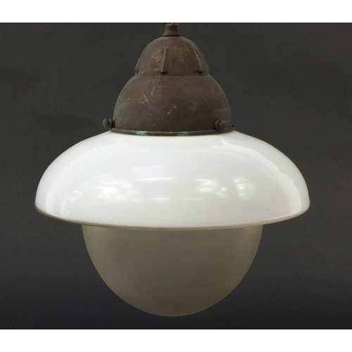 186 - Pair of Art Deco frosted, opaque and clear glass light pendants with fittings, each 30cm in diameter