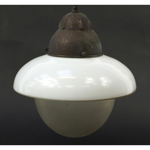 186 - Pair of Art Deco frosted, opaque and clear glass light pendants with fittings, each 30cm in diameter