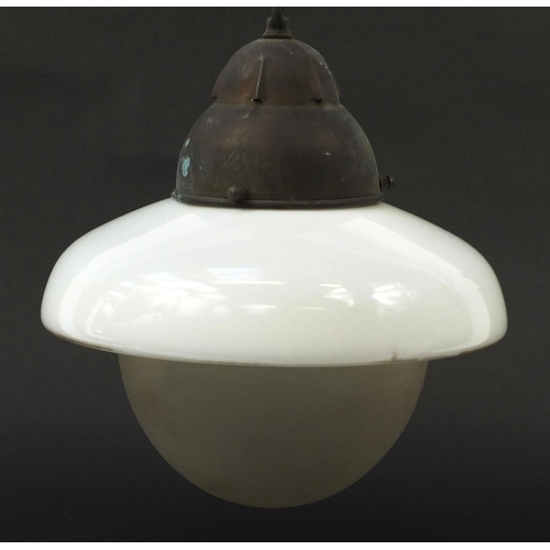 186 - Pair of Art Deco frosted, opaque and clear glass light pendants with fittings, each 30cm in diameter