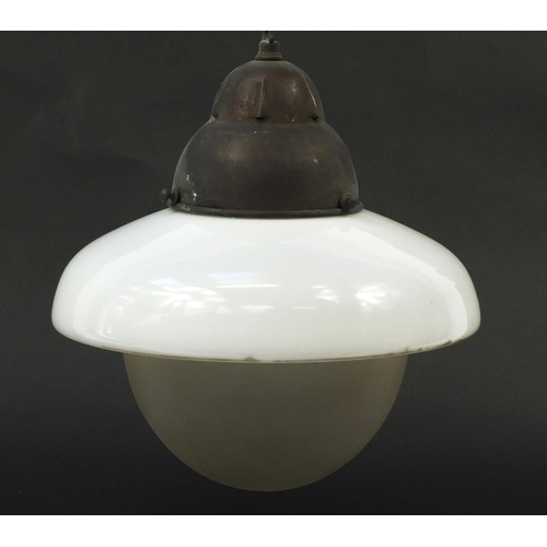 186 - Pair of Art Deco frosted, opaque and clear glass light pendants with fittings, each 30cm in diameter