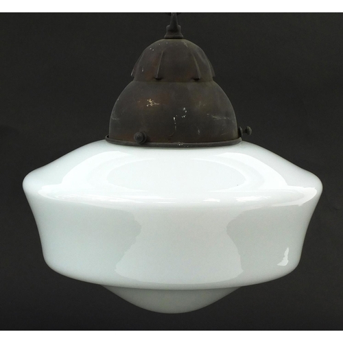 187 - Two Art Deco glass light pendants with fittings including a frosted and clear glass example, the lar... 