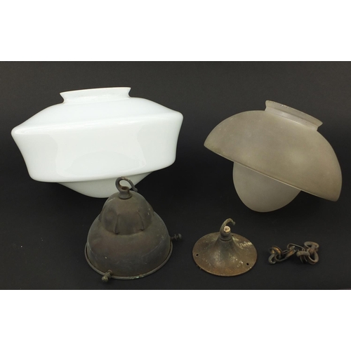 187 - Two Art Deco glass light pendants with fittings including a frosted and clear glass example, the lar... 