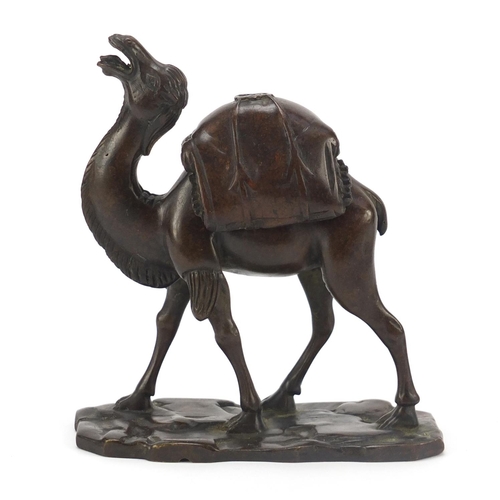 291 - Japanese patinated bronze camel incense burner, character marks to the base, 14.5cm high