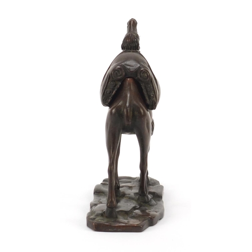 291 - Japanese patinated bronze camel incense burner, character marks to the base, 14.5cm high