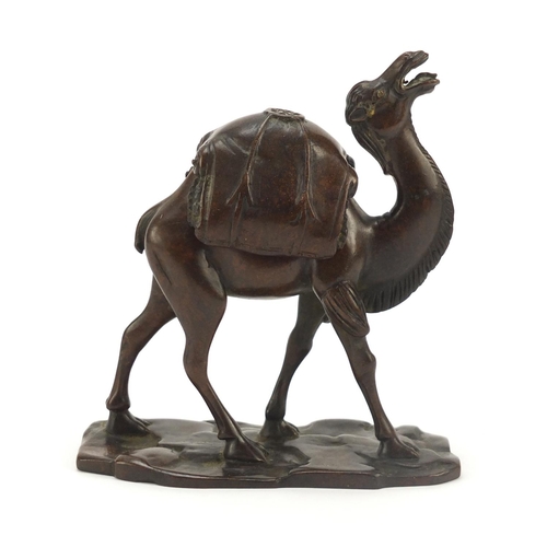 291 - Japanese patinated bronze camel incense burner, character marks to the base, 14.5cm high