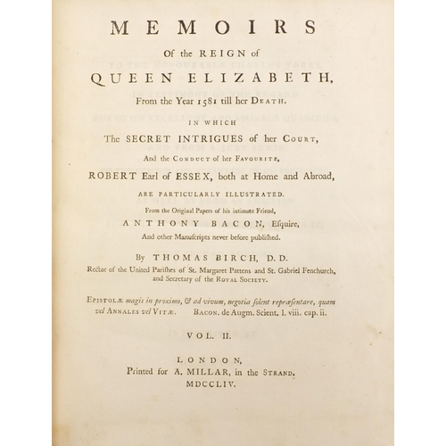 504 - Memories of the Reign of Queen Elizabeth from the Year 1581 till Her Death, two 18th century leather... 