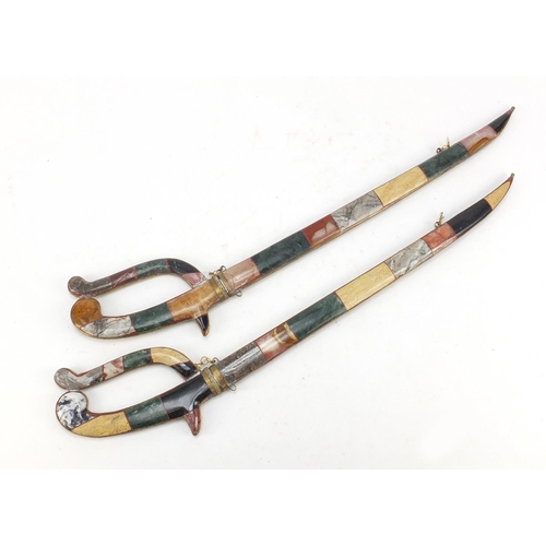 622 - Pair of Middle Eastern hardstone mounted swords, each 58.5cm in length