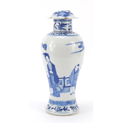 433 - Chinese blue and white porcelain baluster vase and cover, hand painted with figures in a garden sett... 