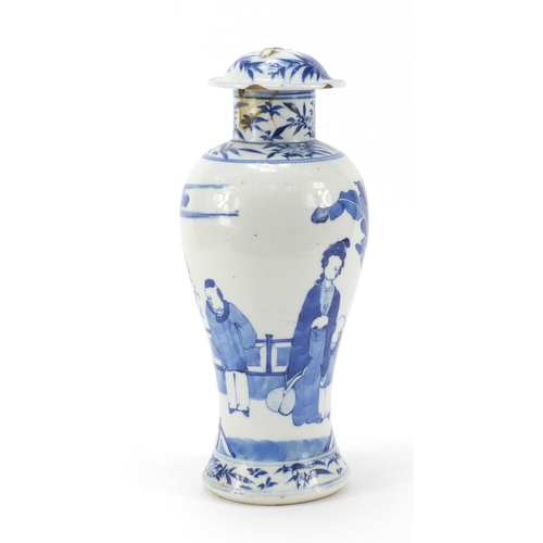 433 - Chinese blue and white porcelain baluster vase and cover, hand painted with figures in a garden sett... 