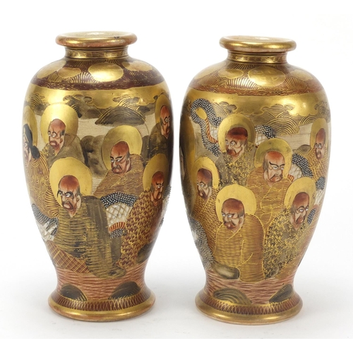 439 - Pair of Japanese Satsuma pottery vases hand painted with one thousand faces, character marks to the ... 