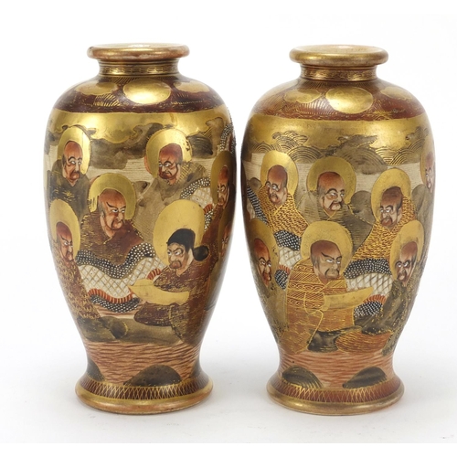 439 - Pair of Japanese Satsuma pottery vases hand painted with one thousand faces, character marks to the ... 