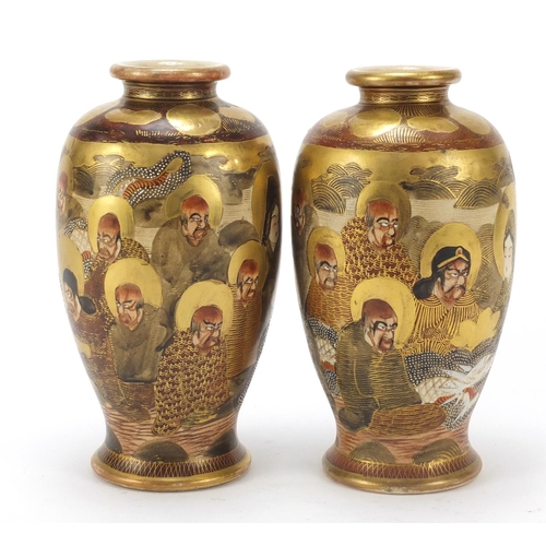 439 - Pair of Japanese Satsuma pottery vases hand painted with one thousand faces, character marks to the ... 