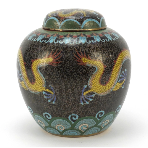 435 - Chinese cloisonne ginger jar and cover enamelled with two dragons amongst clouds chasing a flaming p... 