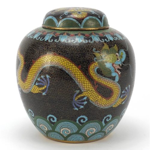 435 - Chinese cloisonne ginger jar and cover enamelled with two dragons amongst clouds chasing a flaming p... 