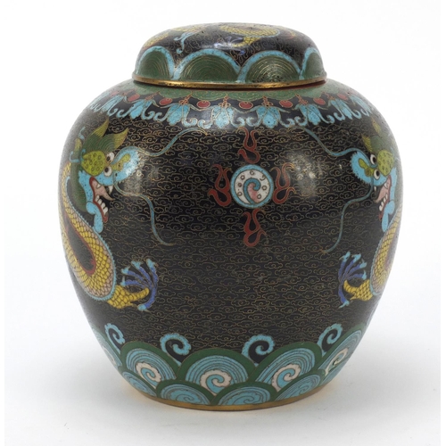 435 - Chinese cloisonne ginger jar and cover enamelled with two dragons amongst clouds chasing a flaming p... 