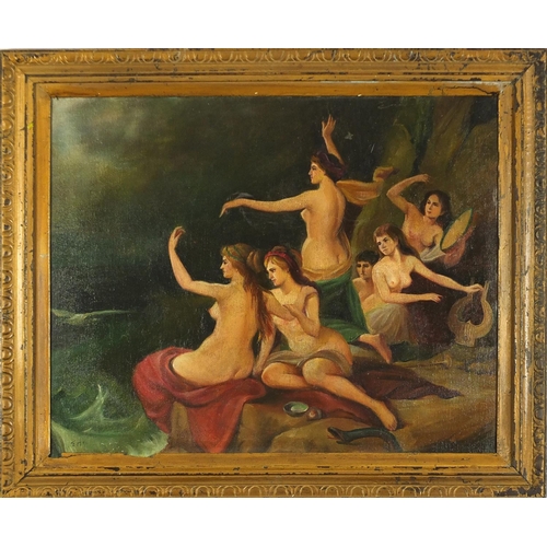 115 - Nude bathers, Old Master school, oil on canvas laid on board, mounted and framed, 62cm x 49.5cm