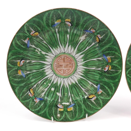 565 - Pair of Chinese Canton porcelain plates hand painted with butterflies and cabbage leaves, each 26cm ... 