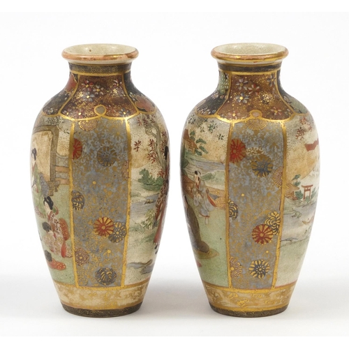 438 - Pair of Japanese Satsuma pottery vases hand painted with figures and flowers, character marks to the... 