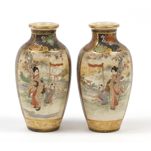 438 - Pair of Japanese Satsuma pottery vases hand painted with figures and flowers, character marks to the... 